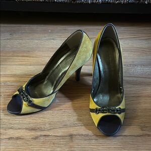 J. Crew Mustard and Black Chain Peep-Toe Heels